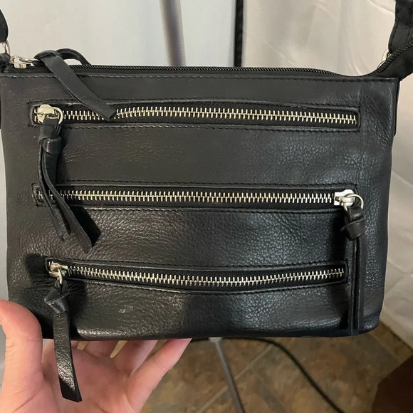 Vintage Black 100% Leather Small Cross‎ Body Purse with Silver Zippers - Picture 3 of 12